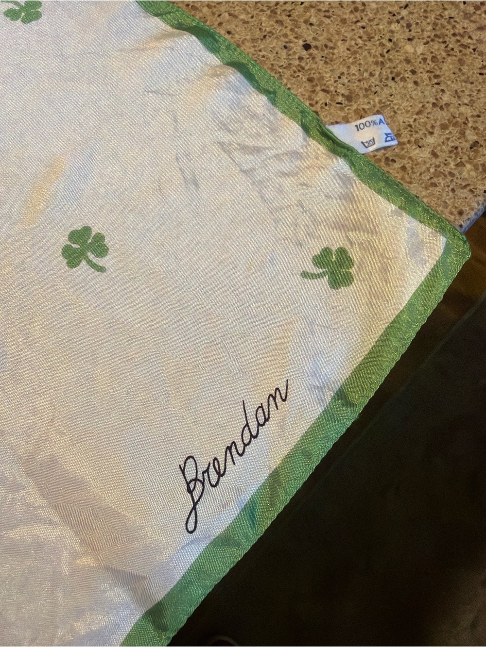 White Silk Scarf with Green Clover Print